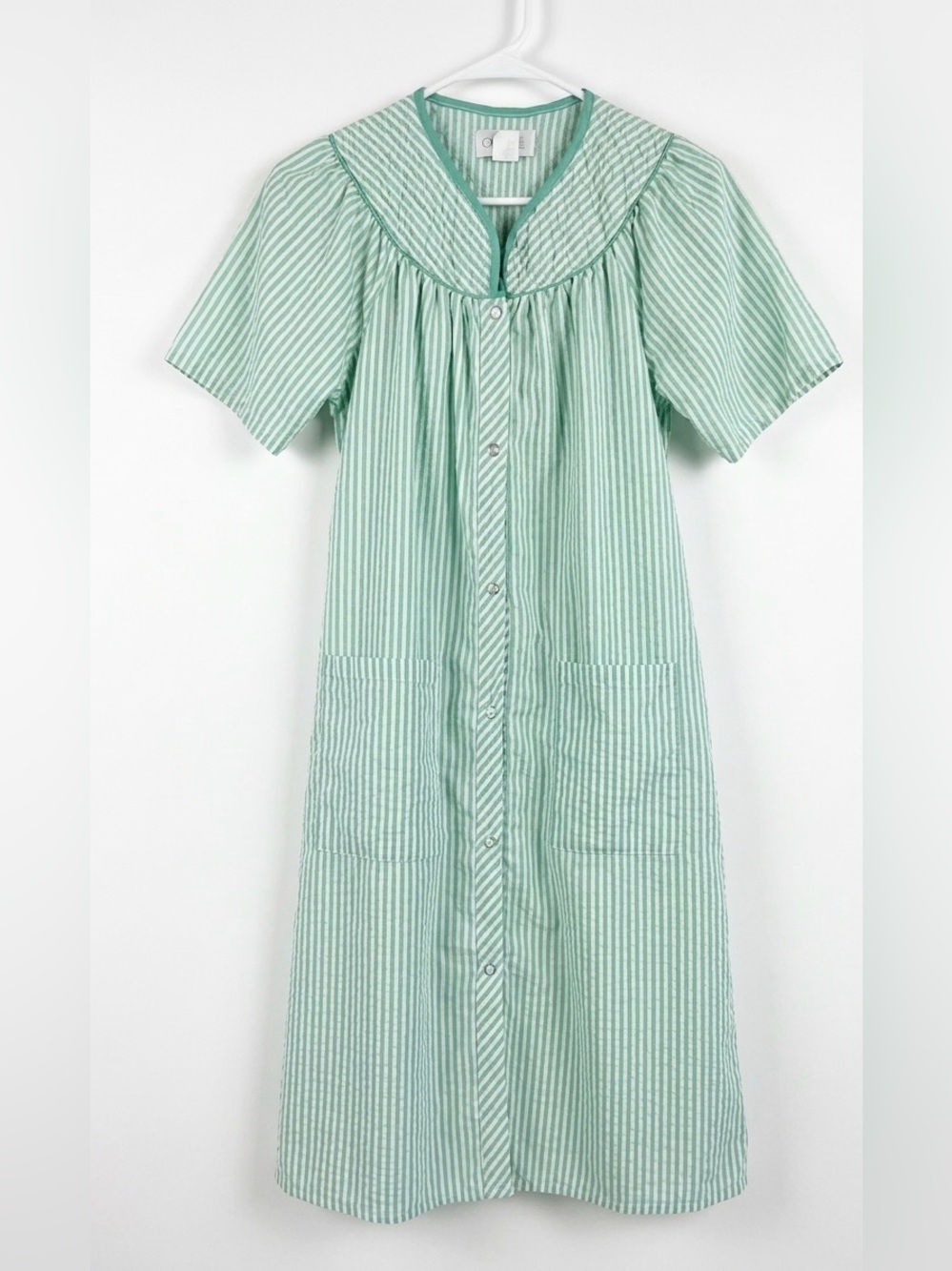 Grandmacore Casual Nights Green Striped Seersucker HouseDress Duster Loungewear